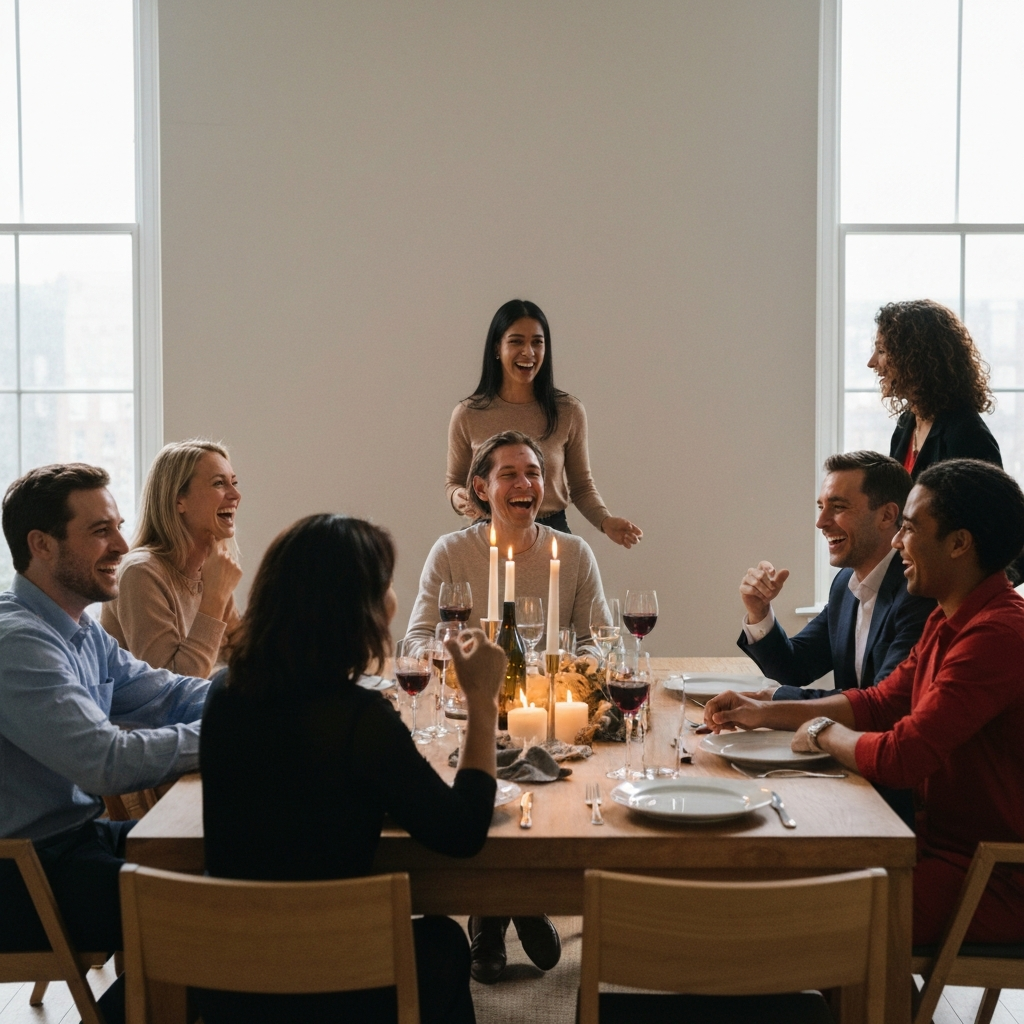 A wide shot of a diverse group of friends laughing and talking animatedly around a dining table set for a party. The lighting is warm and inviting, with candles providing a soft, intimate glow.