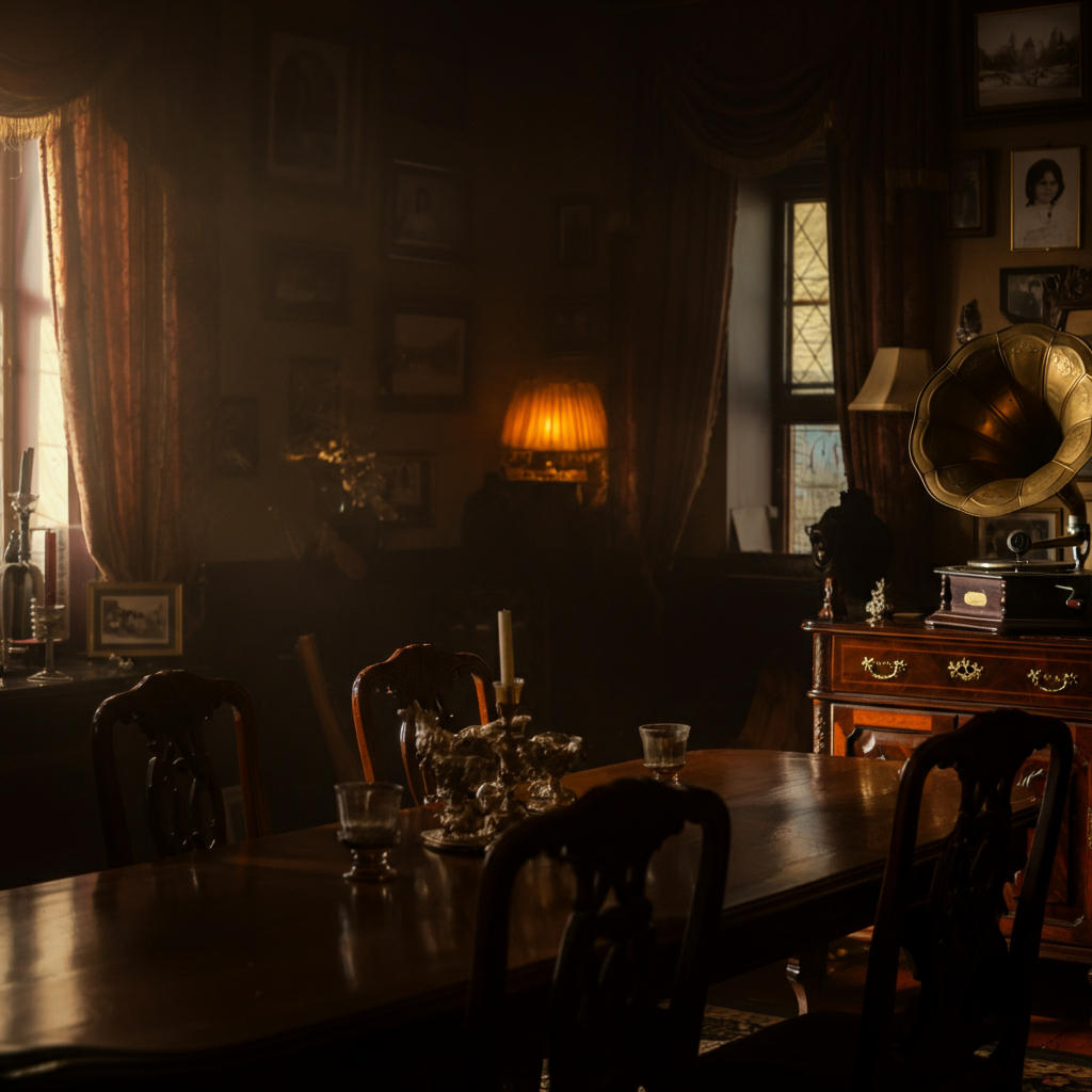 A dimly lit dining room decorated with antique furniture, candelabras, and vintage photographs. Soft side-lighting highlights the textures of the wood and the intricate details of the decorations. A gramophone plays soft jazz music in the background.