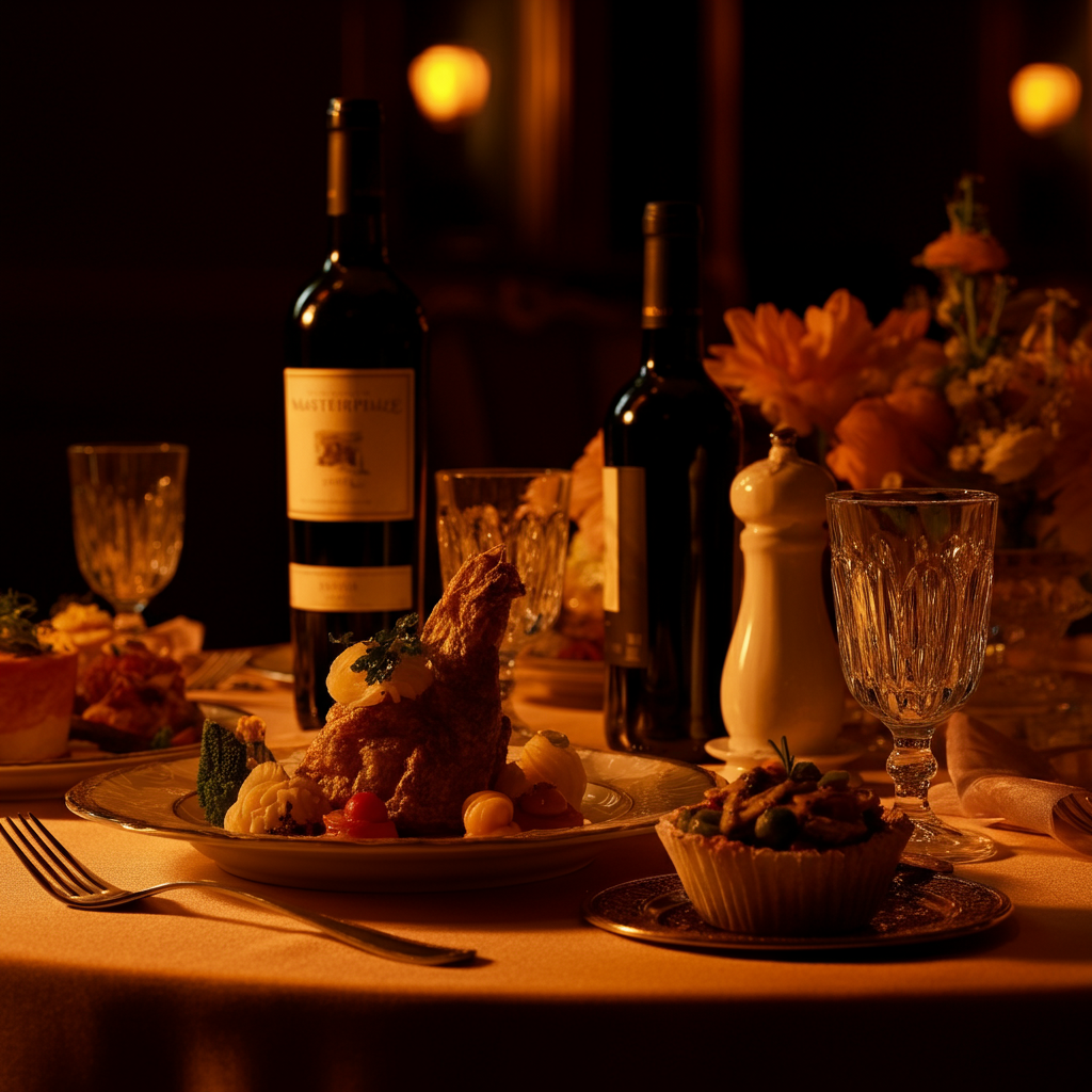 A close-up shot of a beautifully arranged buffet table featuring thematic food and drinks. The lighting is warm and inviting, highlighting the colors and textures of the food. A bottle of wine and several elegant glasses are visible.