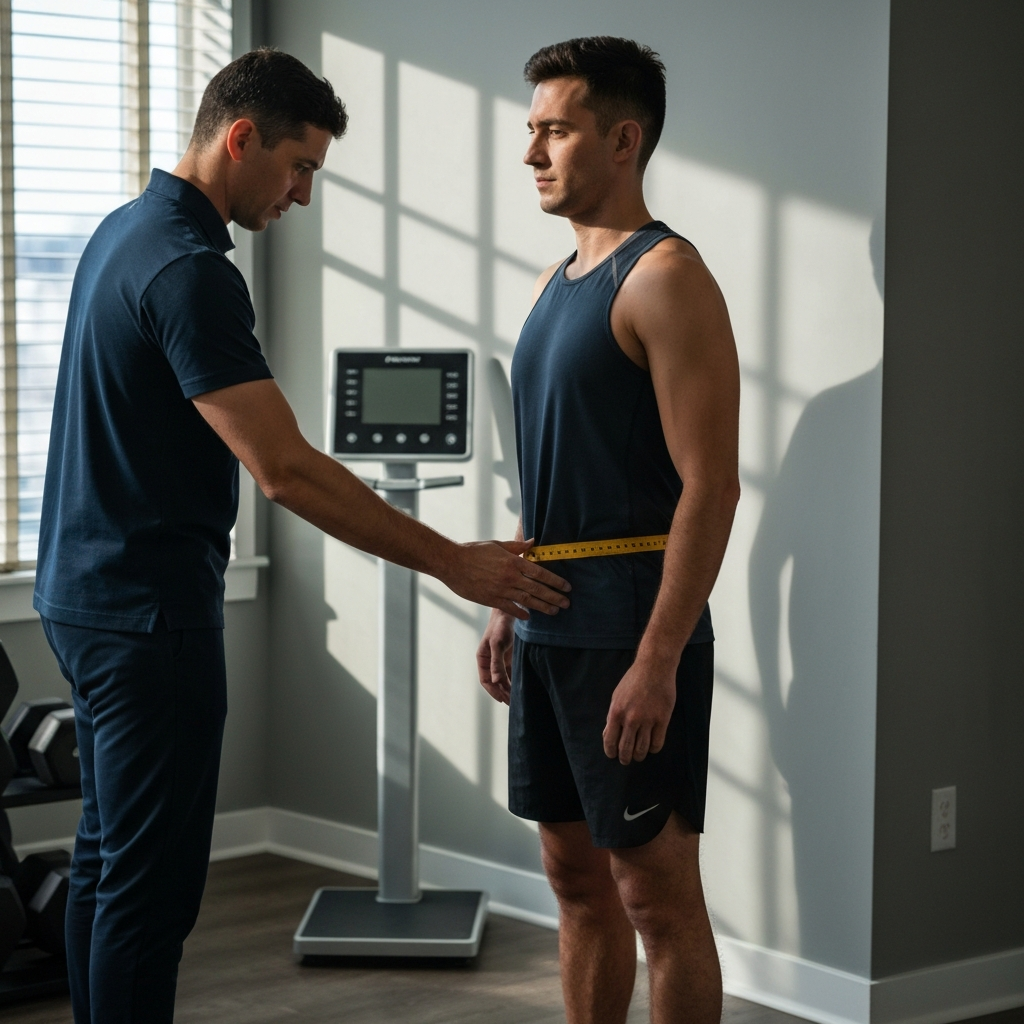 A well-lit personal training studio with a scale and body composition analyzer in the background. A trainer is gently measuring the waist of a male client in athletic wear. Soft, natural lighting from a nearby window creates gentle shadows.