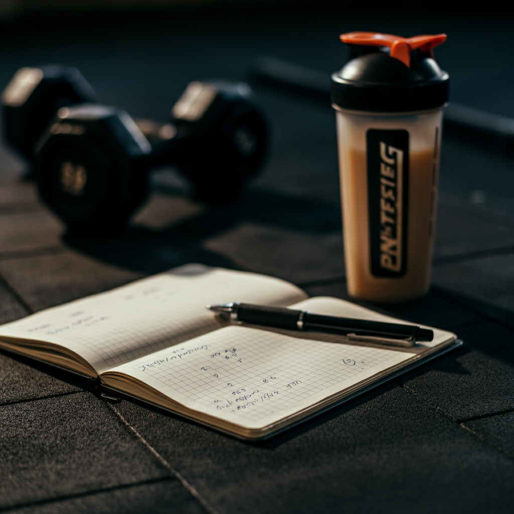 Close up of a gym journal lying next to a pair of dumbbells and a protein shaker bottle. The journal has handwritten notes detailing sets, reps, and weight used for various exercises. The lighting is warm and inviting, creating a sense of dedication.