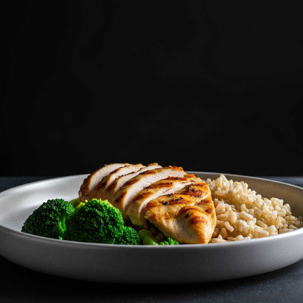 A clean, modern kitchen counter displaying a balanced meal of grilled chicken breast, brown rice, and steamed broccoli. The lighting is bright and natural, highlighting the vibrant colors of the food.