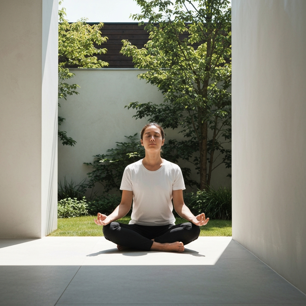 A person meditating in a peaceful outdoor setting, surrounded by lush greenery and natural sunlight. They are seated comfortably in a cross-legged position with their eyes closed, demonstrating mindfulness and relaxation.