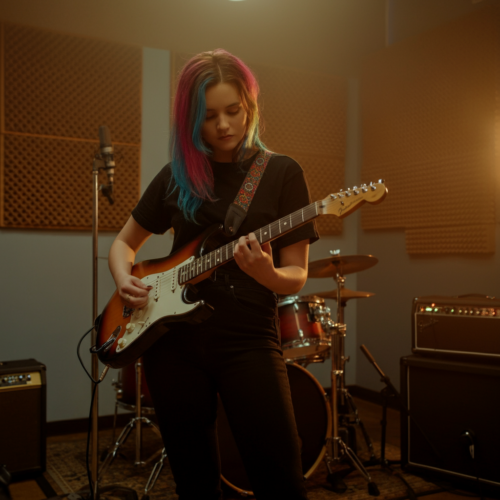 A young woman with colorful hair is playing an electric guitar in a brightly lit music studio. Soft bokeh reveals a drum kit in the background and a microphone stand is positioned nearby. She wears simple black jeans and a well-fitting, unbranded t-shirt. The lighting is warm, with golden hour hues creating a soft glow.