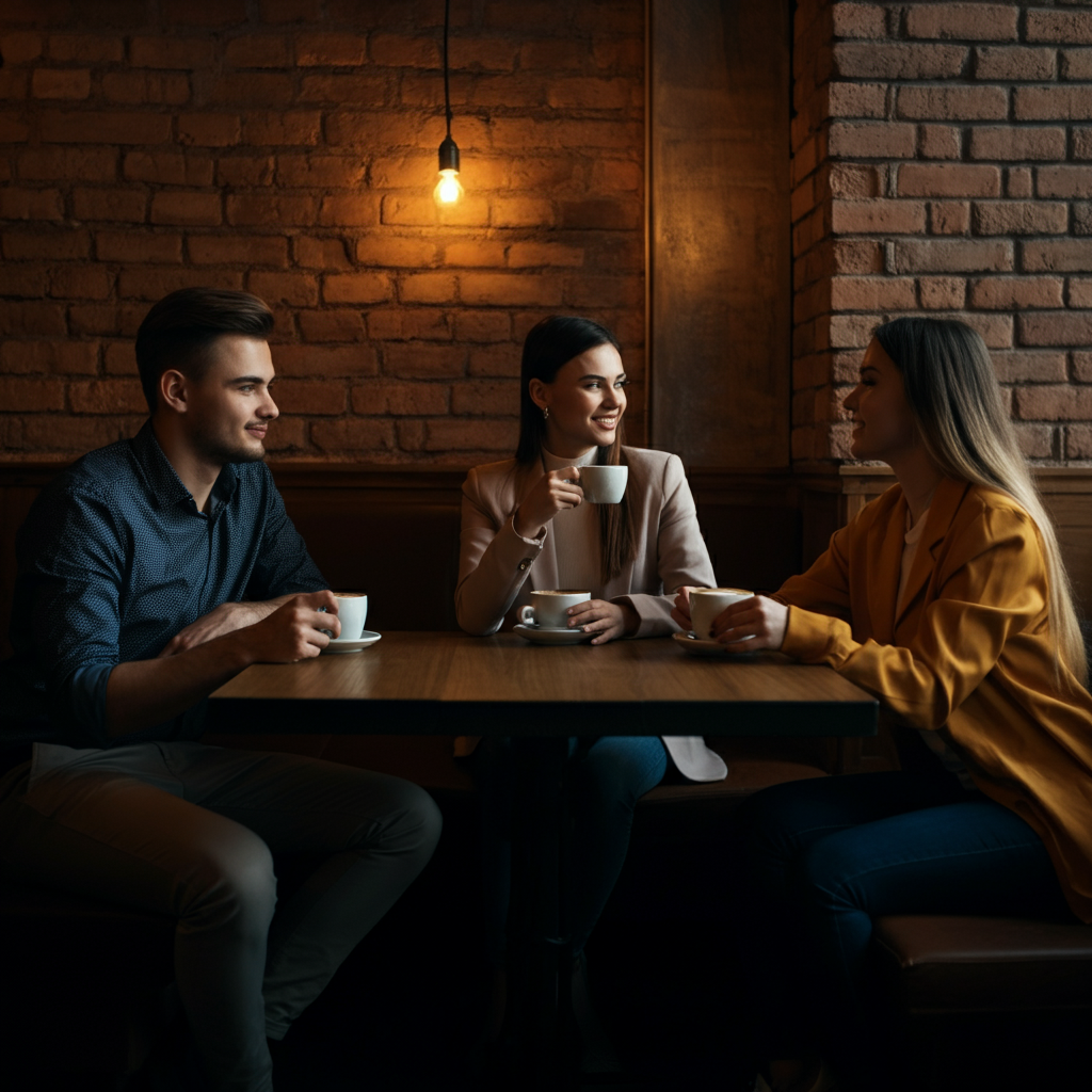 Three young friends are sitting in a coffee shop, chatting and laughing over steaming cups. The lighting is warm and inviting, with soft textures from the wooden tables and exposed brick walls. They are all dressed casually but stylishly. The ambiance is friendly and collaborative.