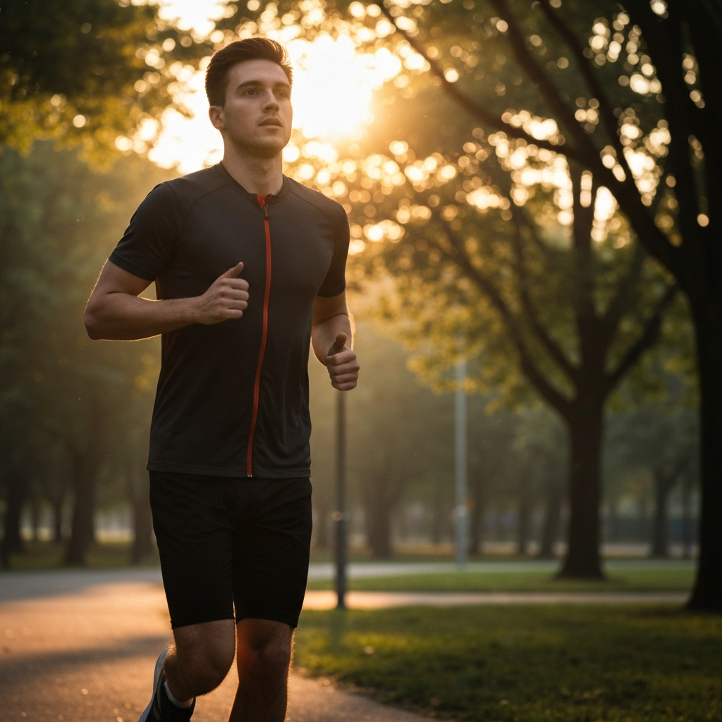A young man is jogging through a park at sunrise, wearing athletic gear and a determined expression. The lighting is soft and golden, with the sun peeking through the trees. The atmosphere is peaceful and invigorating.