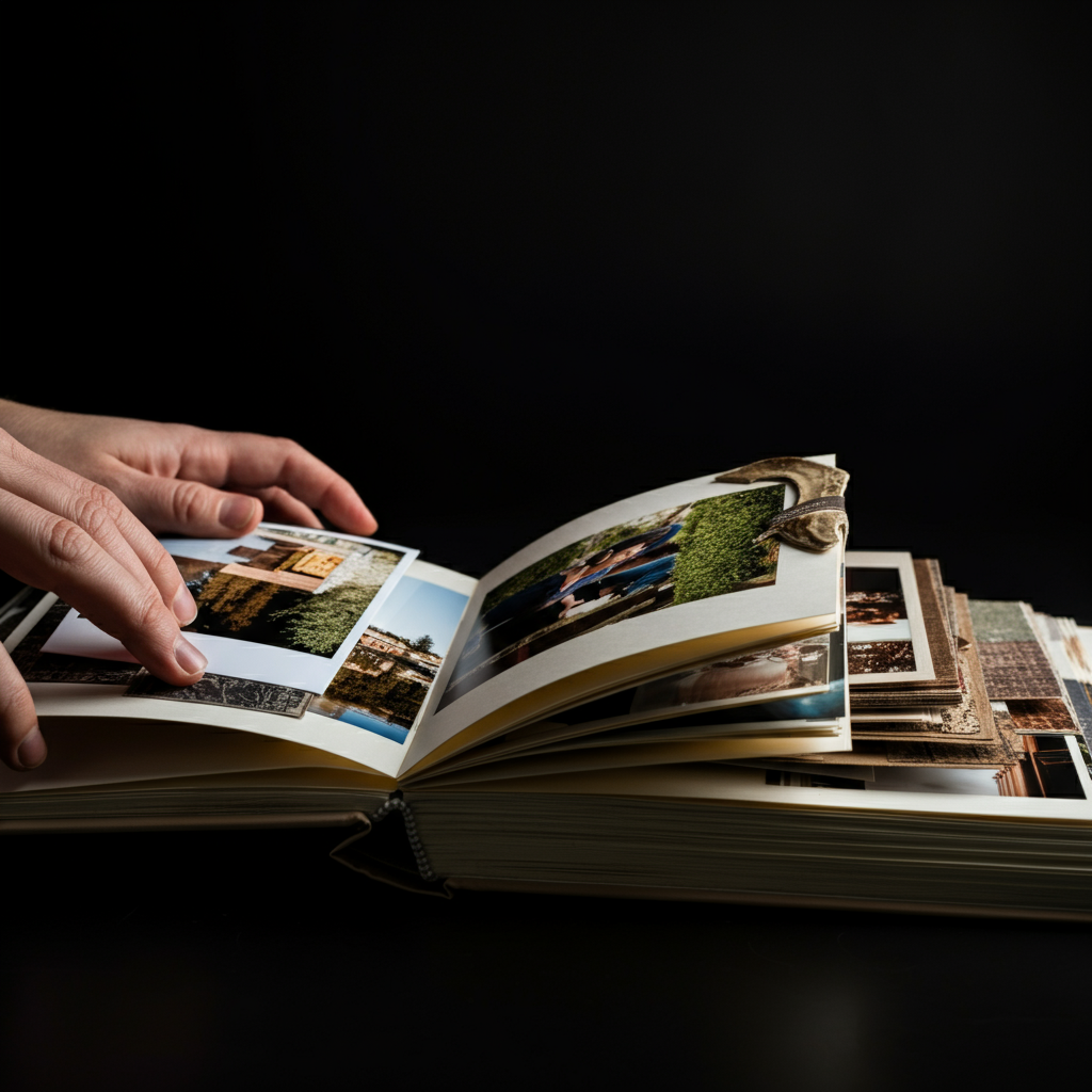 A detailed shot of hands carefully arranging photographs and memorabilia on the pages of a large scrapbook. The scrapbook lies open on a clean, well-lit surface. The images are crisp and the composition focuses on the deliberate placement of each item.