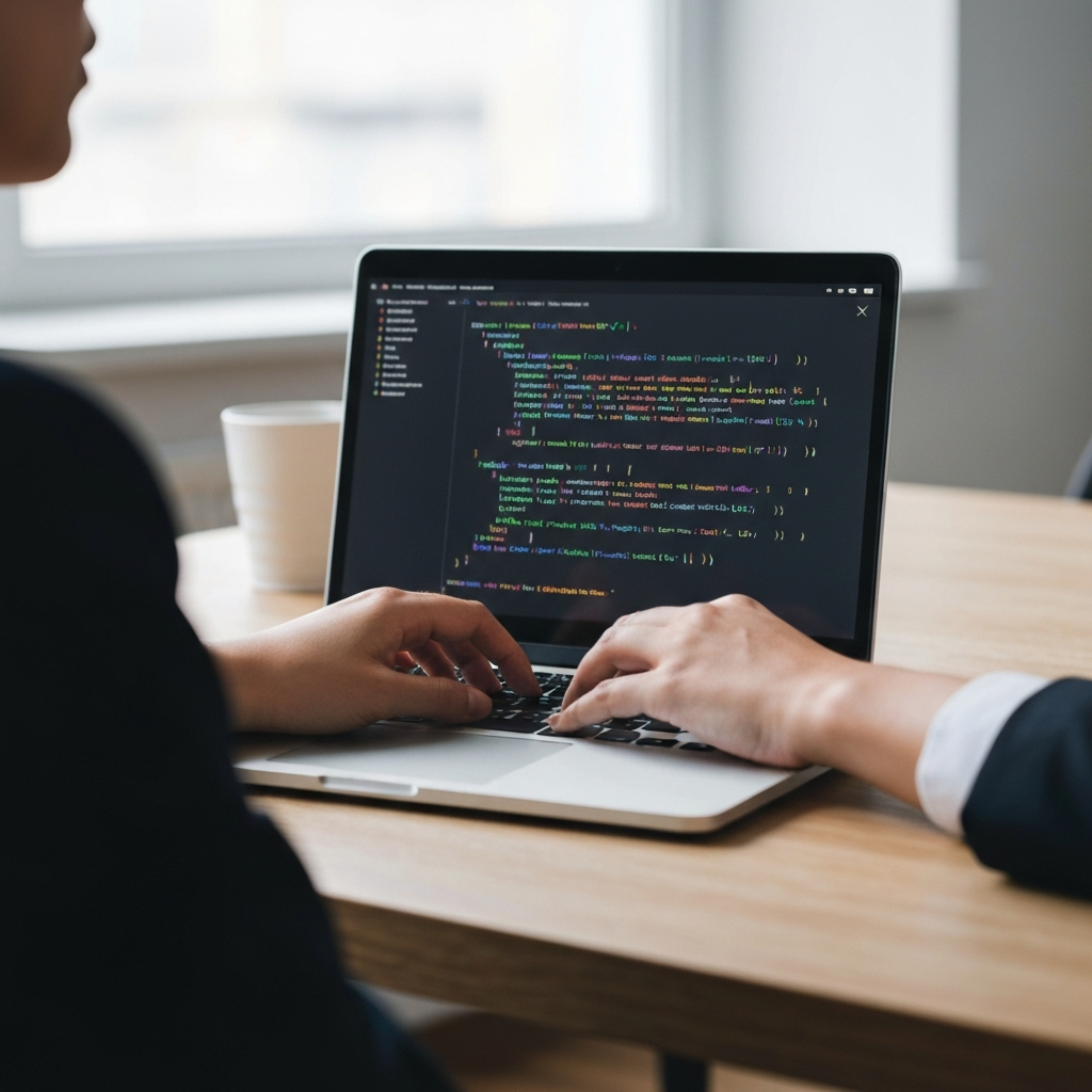 A close-up shot of a developer's hands typing code on a laptop. The screen displays lines of code with bright syntax highlighting. The laptop rests on a clean wooden desk with a simple, modern design.