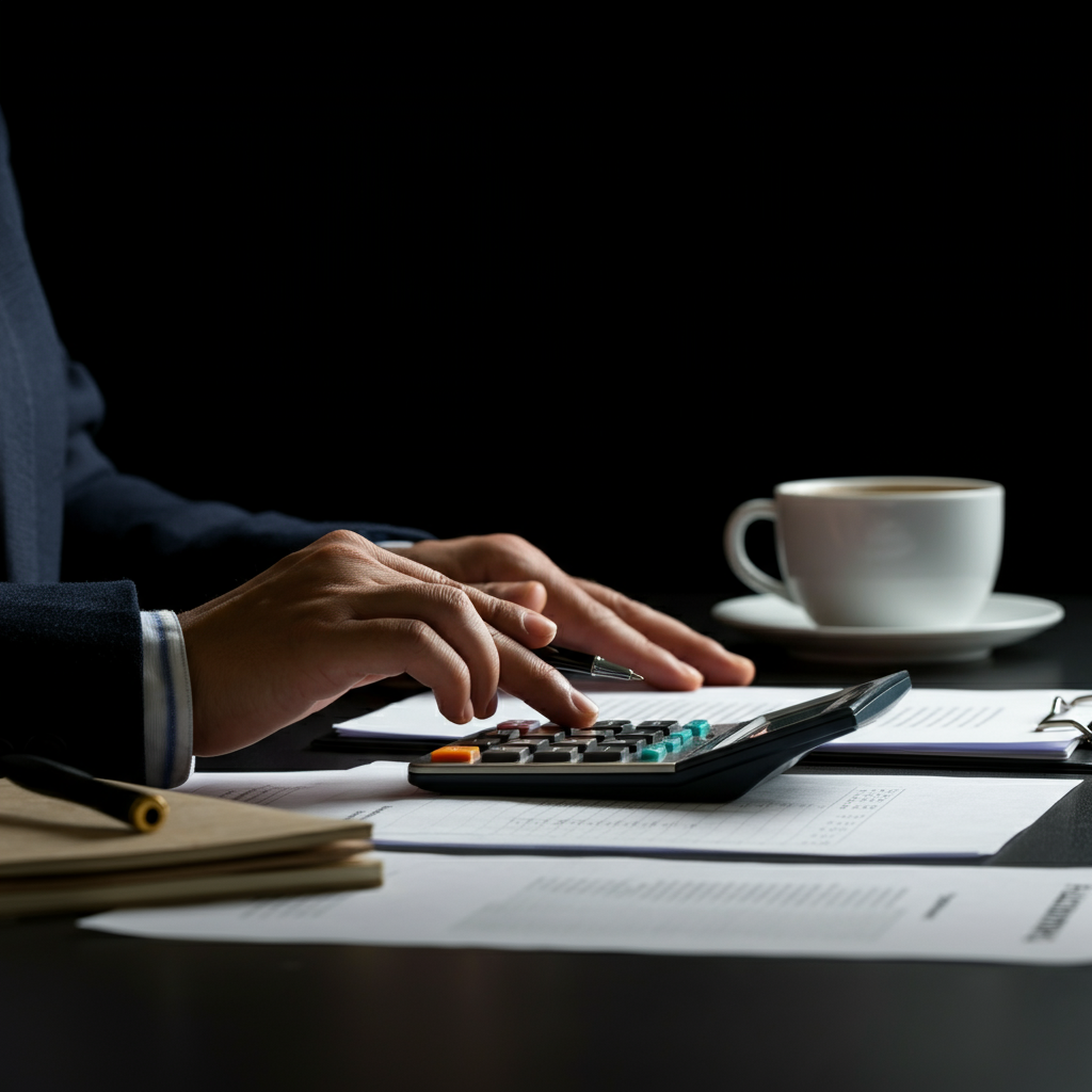 A side-lit shot of a person using a calculator and reviewing financial statements on a desk. The desk is organized with a notebook, a pen, and a cup of coffee. Textures of the paper and the calculator buttons are clearly visible.