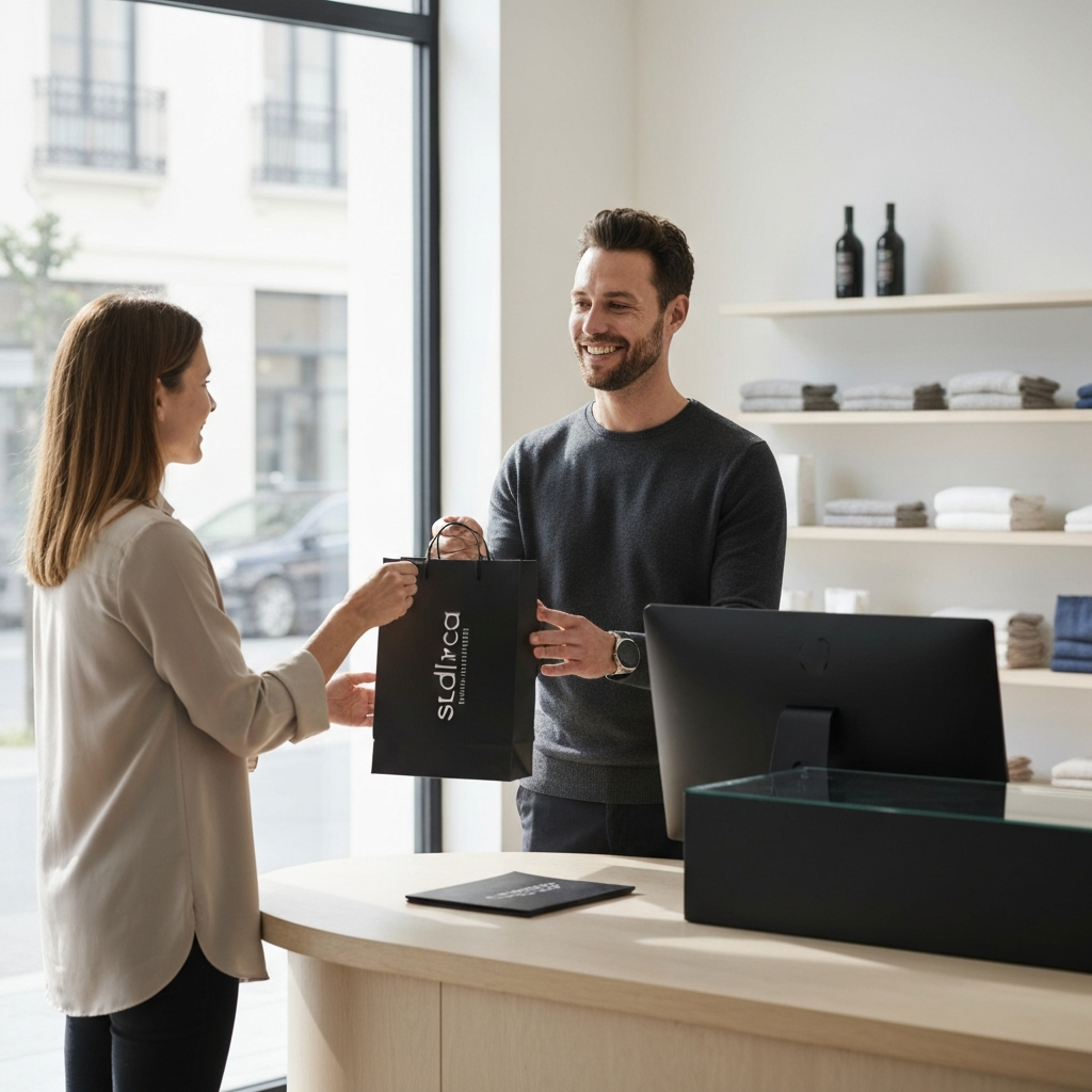 A bright, modern retail setting. A store owner is interacting with a customer, smiling and handing them a purchase in a branded bag. Natural light floods the store.