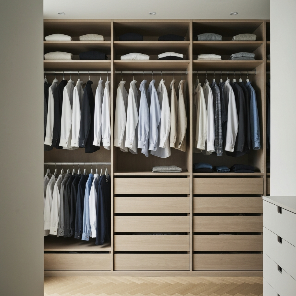 A well-organized closet with clothes neatly hung and folded. Clothes are arranged by color and type. Soft, even lighting emphasizes the textures of different fabrics.