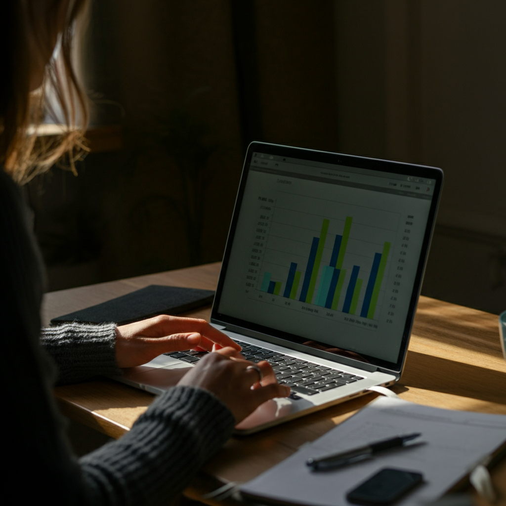 A woman sitting at a desk, reviewing her budget on a laptop. Natural light from a nearby window illuminates her face and the screen. A notepad and pen are also visible on the desk.