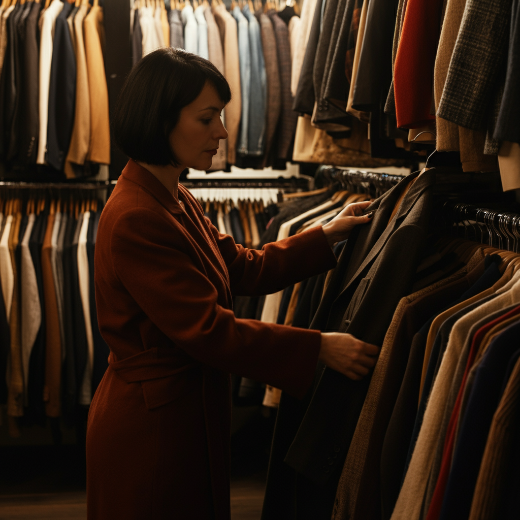A woman browsing through racks of clothing in a well-organized thrift store. The lighting is bright and even, highlighting the variety of colors and textures in the clothes. She's carefully examining a vintage jacket.