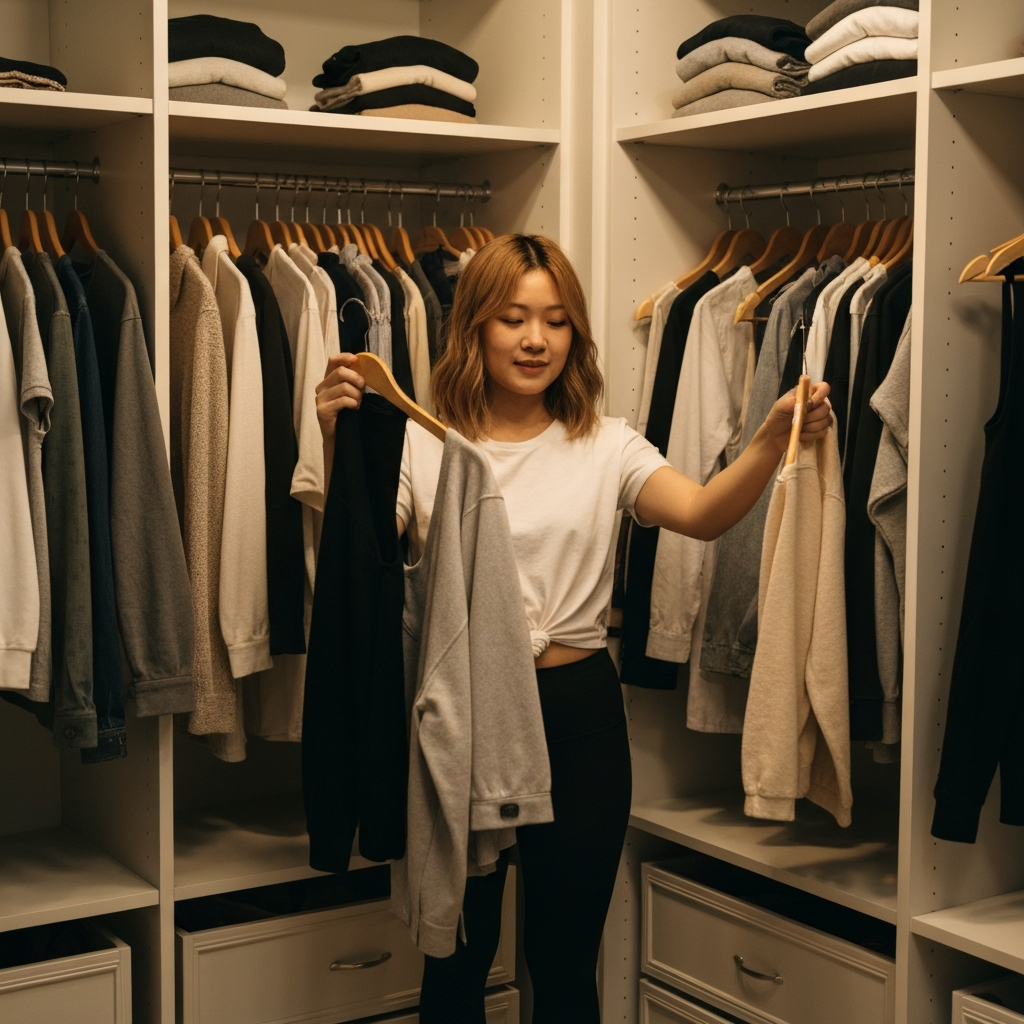 A woman standing in front of her closet, holding up different clothing items and experimenting with various combinations. Soft, warm lighting creates a cozy and inviting atmosphere.