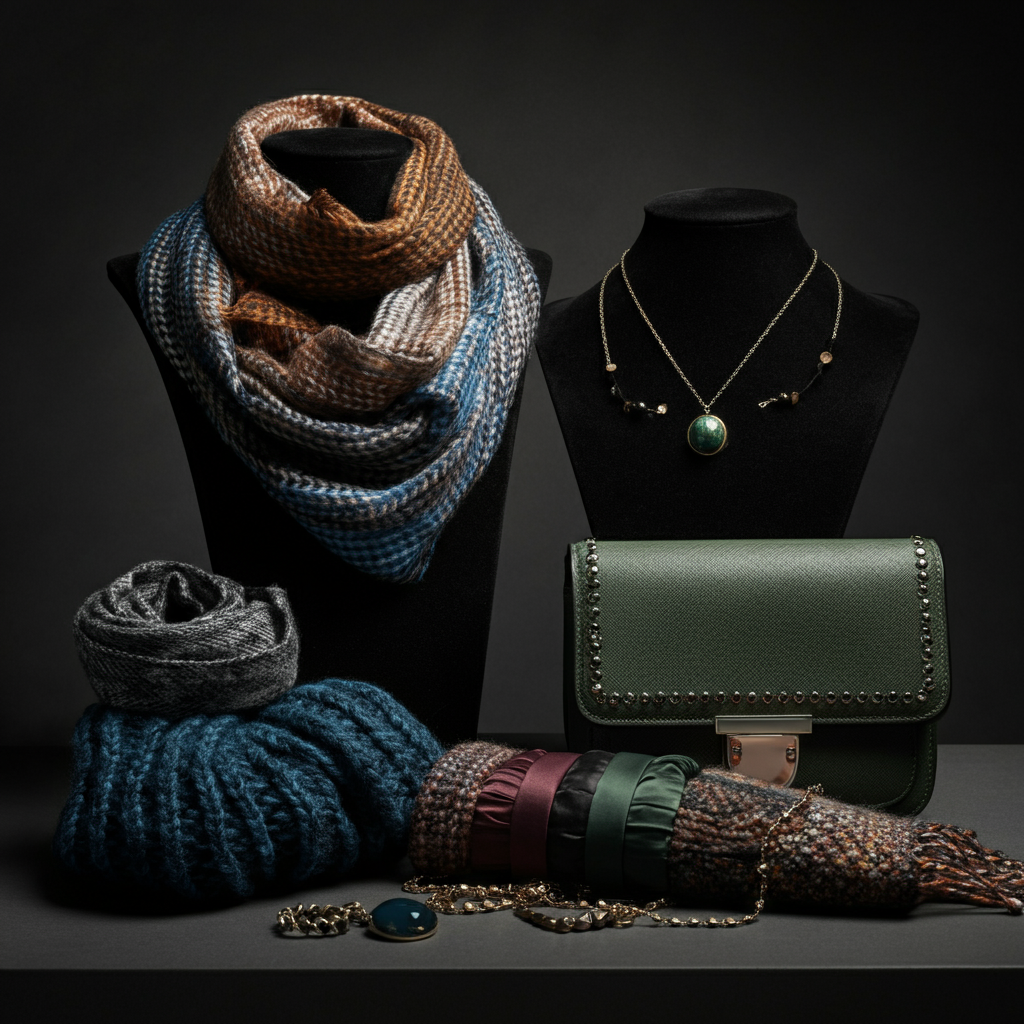 A display of various accessories, including scarves, jewelry, belts, and handbags. The lighting is soft and diffused, highlighting the textures and colors of the accessories. They are arranged in an aesthetically pleasing manner.