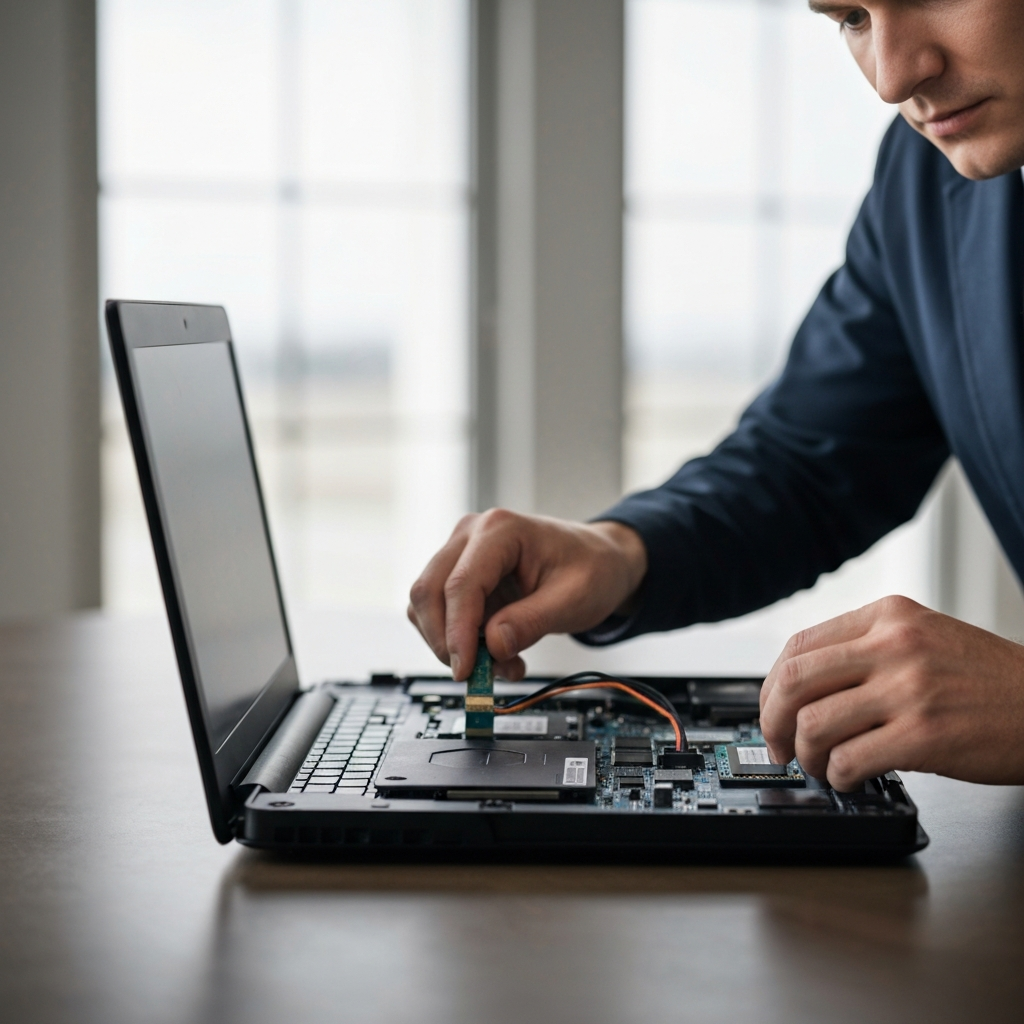 A technician carefully connecting a SATA cable to a newly installed SSD inside a laptop, the interior components side-lit with precision.