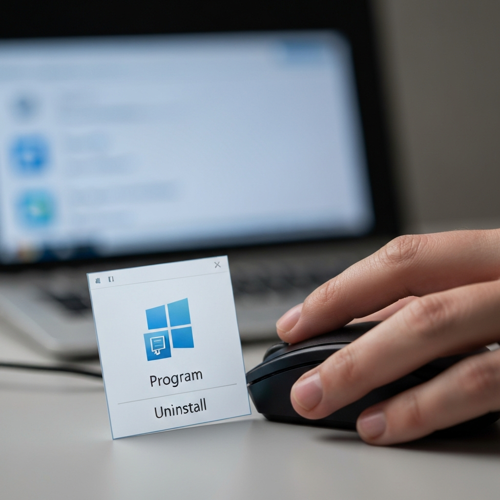Close-up of a hand using a mouse to right-click on a program icon in the Windows Start Menu, selecting the "Uninstall" option.