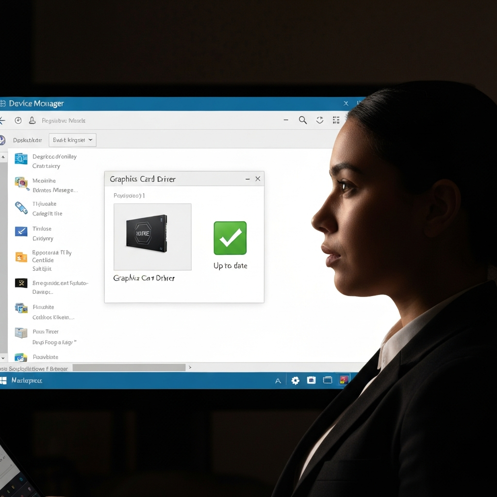 A computer screen displaying the Device Manager in Windows, highlighting the graphics card driver with a green checkmark indicating it's up to date, soft light reducing glare.