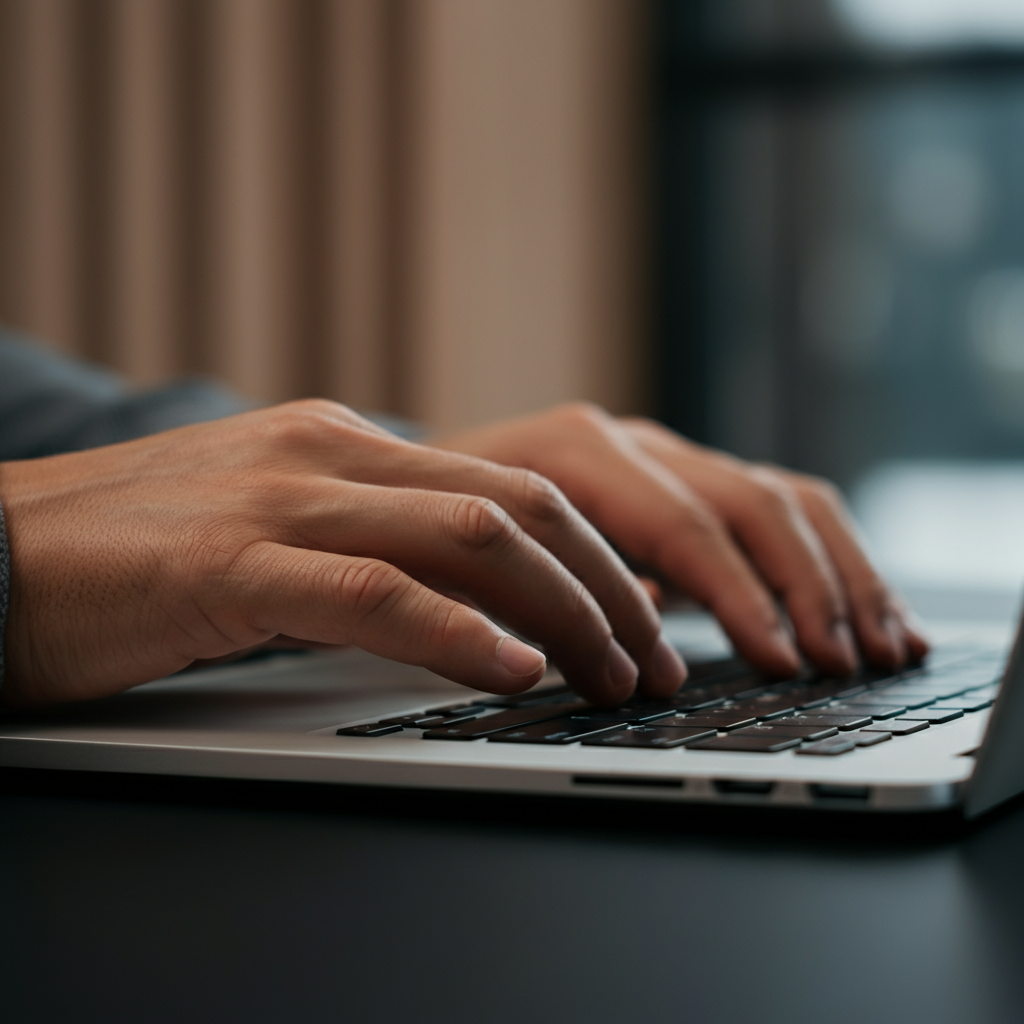 Hands typing on a laptop keyboard with blurred background elements suggesting an office environment. Focus on keyboard details with soft bokeh.