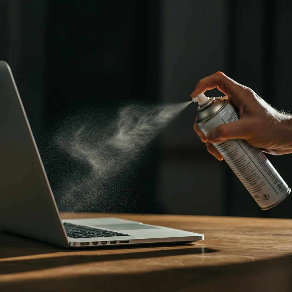 A person using a can of compressed air to clean the vents of a laptop, dust particles visibly dispersing in the air, side-lit for texture.