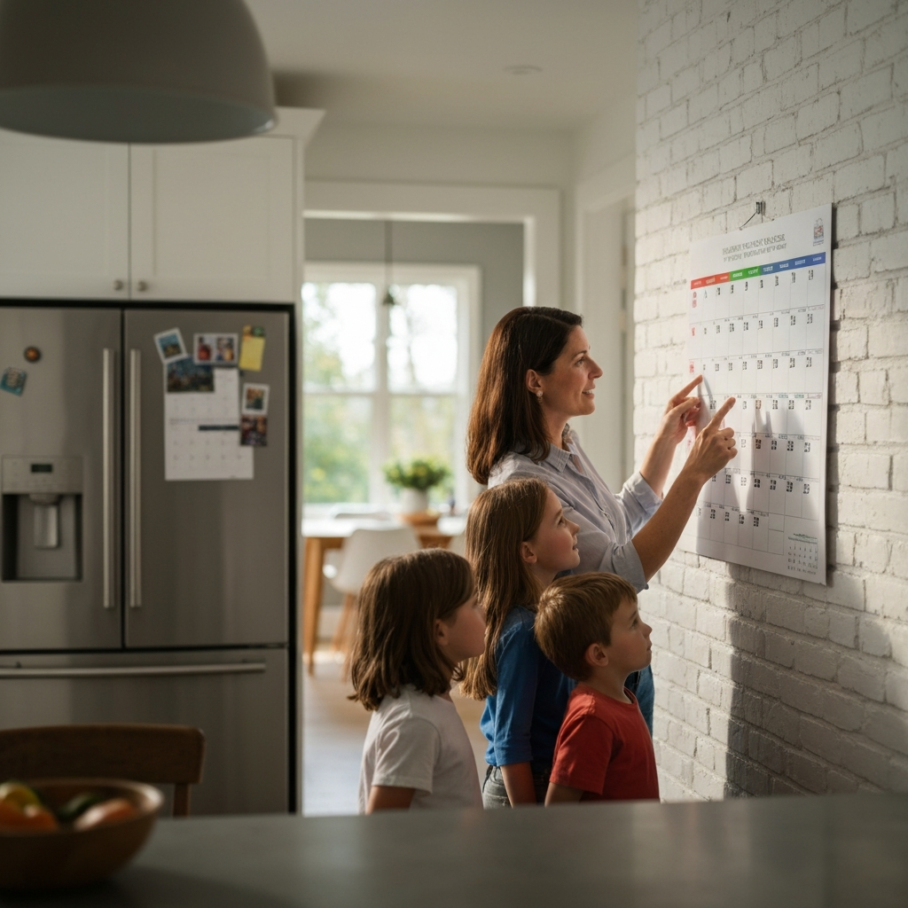 A bright, airy kitchen. A large wall calendar hangs on a whitewashed brick wall, filled with colorful entries. A mother and two children, ages 8 and 12, stand in front of it, pointing and discussing upcoming events. Natural light streams in through a window, illuminating the calendar and their faces. Soft bokeh in the background shows a stainless steel refrigerator and a breakfast nook.