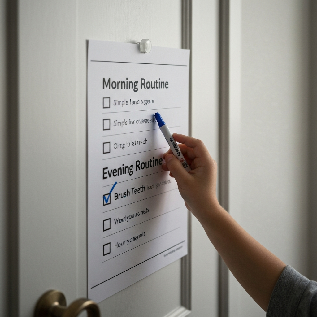 A close-up of a laminated chart hanging on a child's bedroom door. The chart is divided into "Morning Routine" and "Evening Routine" sections, with simple, age-appropriate tasks listed alongside check boxes. A child's hand, with slightly blurred motion, is marking off "Brush Teeth" with a blue marker. Soft, diffused light illuminates the chart.