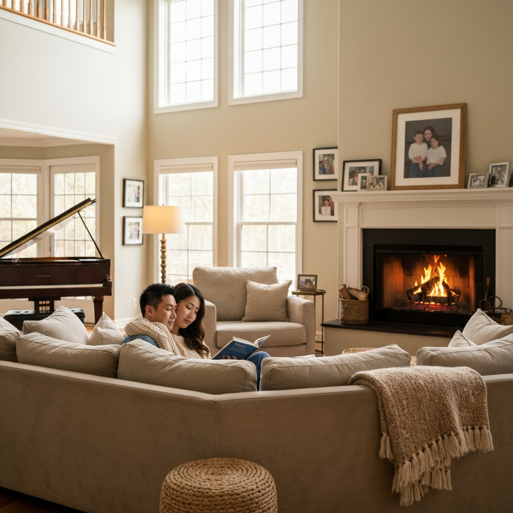 A cozy living room. A family of four is snuggled on a comfortable sofa, reading aloud from a picture book. Soft lamplight illuminates their faces. The room is decorated with warm colors and personal touches. Textures of the woven blanket and soft pillows are emphasized.