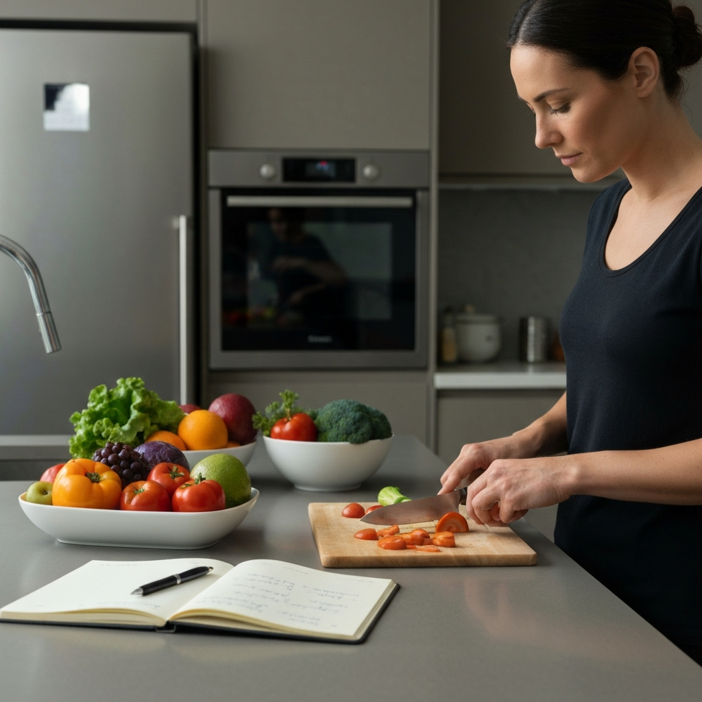 A modern kitchen island. A notebook and pen are lying open, with a handwritten meal plan visible. Fresh vegetables and fruits are arranged in bowls nearby. A woman's hands are chopping vegetables on a cutting board, with a focused expression. The kitchen is well-lit, with stainless steel appliances visible in the background.