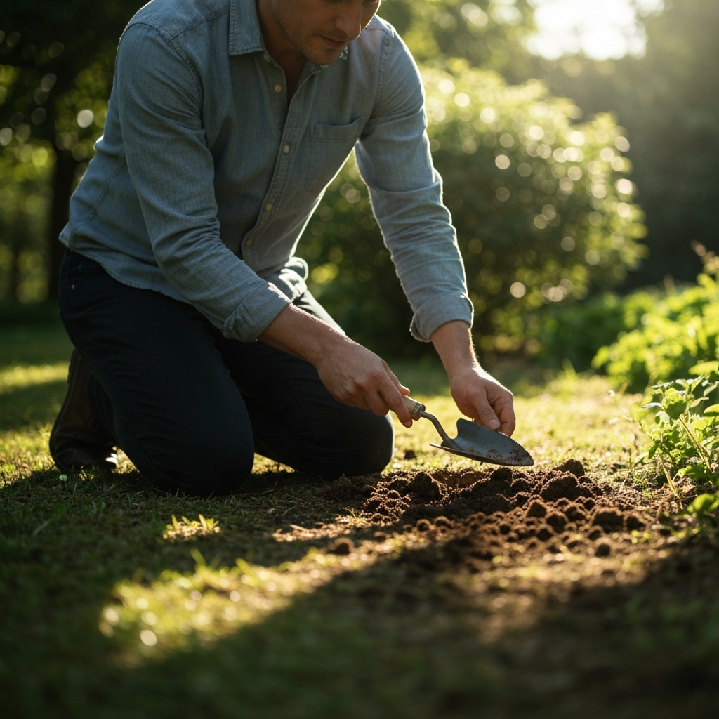 A person kneels in a sunny garden, using a small trowel to dig a hole in the soil. Soft, diffused sunlight filters through the trees, creating dappled shadows on the ground.