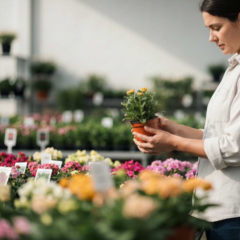 A person in a garden center, wearing a light-colored shirt, is holding a small potted plant. They are carefully reading the plant tag, with a variety of colorful flowers in soft focus in the background.