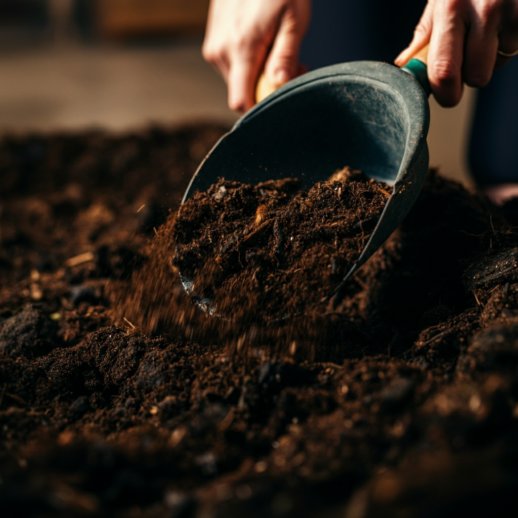 Close-up shot of rich, dark soil being mixed with compost using a garden trowel. The soil is moist and has a loose, crumbly texture. Golden hour lighting highlights the details of the soil particles.