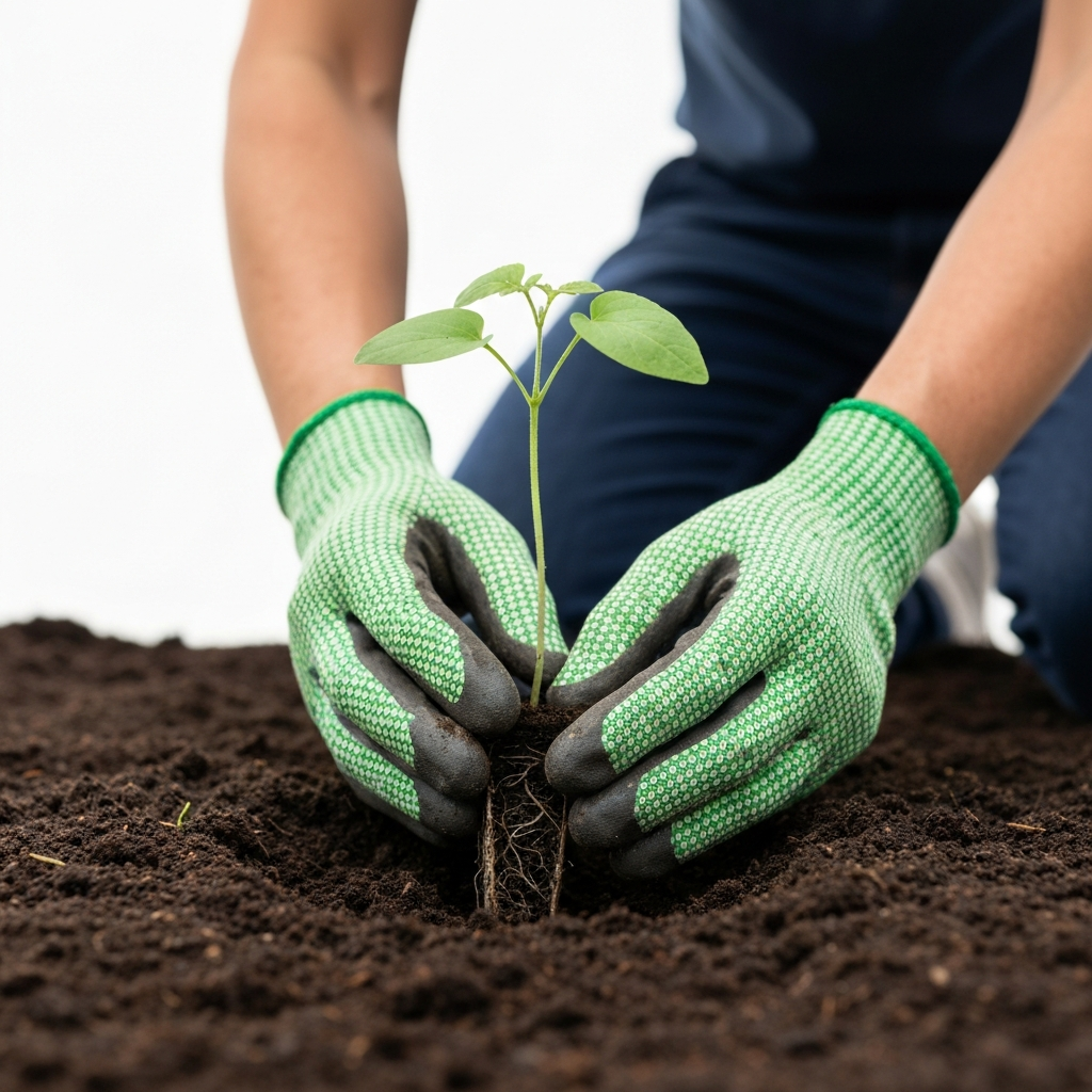 Hands wearing gardening gloves carefully planting a small seedling in a prepared garden bed. The seedling has delicate green leaves and a healthy root system.