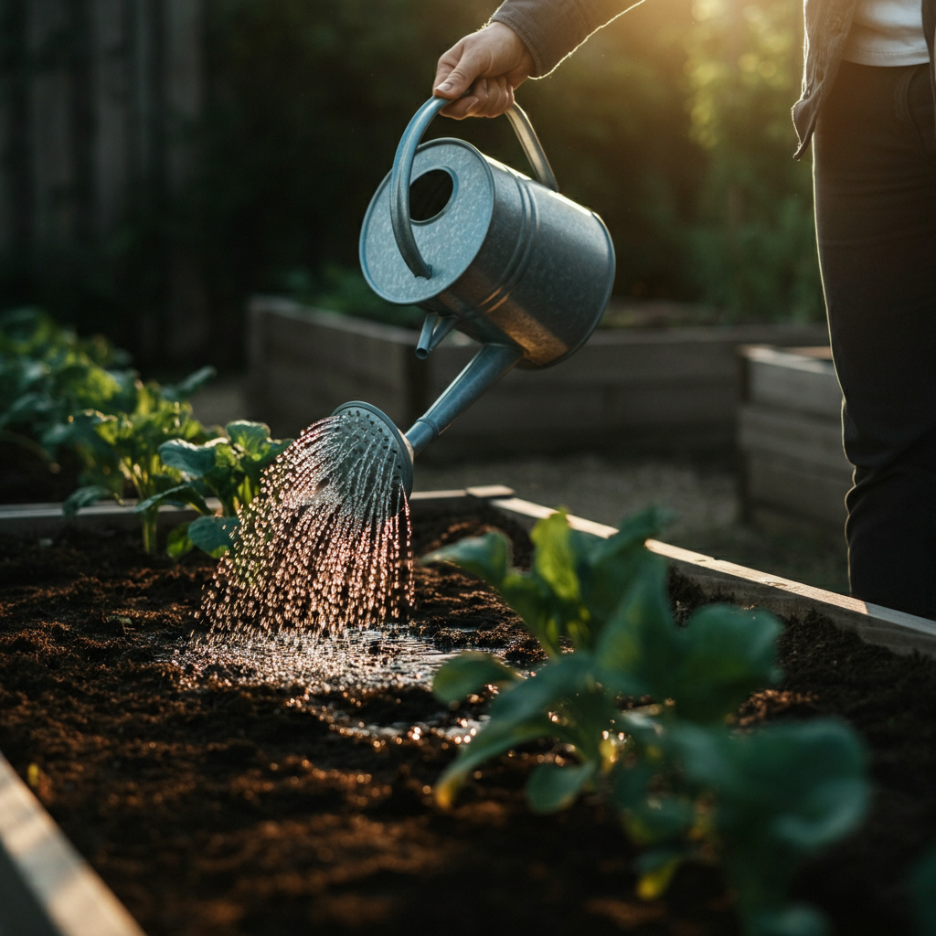 A watering can with a long spout is gently watering a row of plants in a raised garden bed. The water is cascading softly onto the soil, avoiding the leaves of the plants.