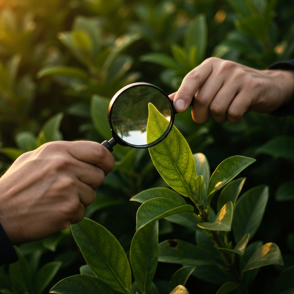 A person using a magnifying glass to examine the leaves of a plant for signs of pests or disease. The leaves are vibrant green, and the person is carefully inspecting the undersides of the leaves.