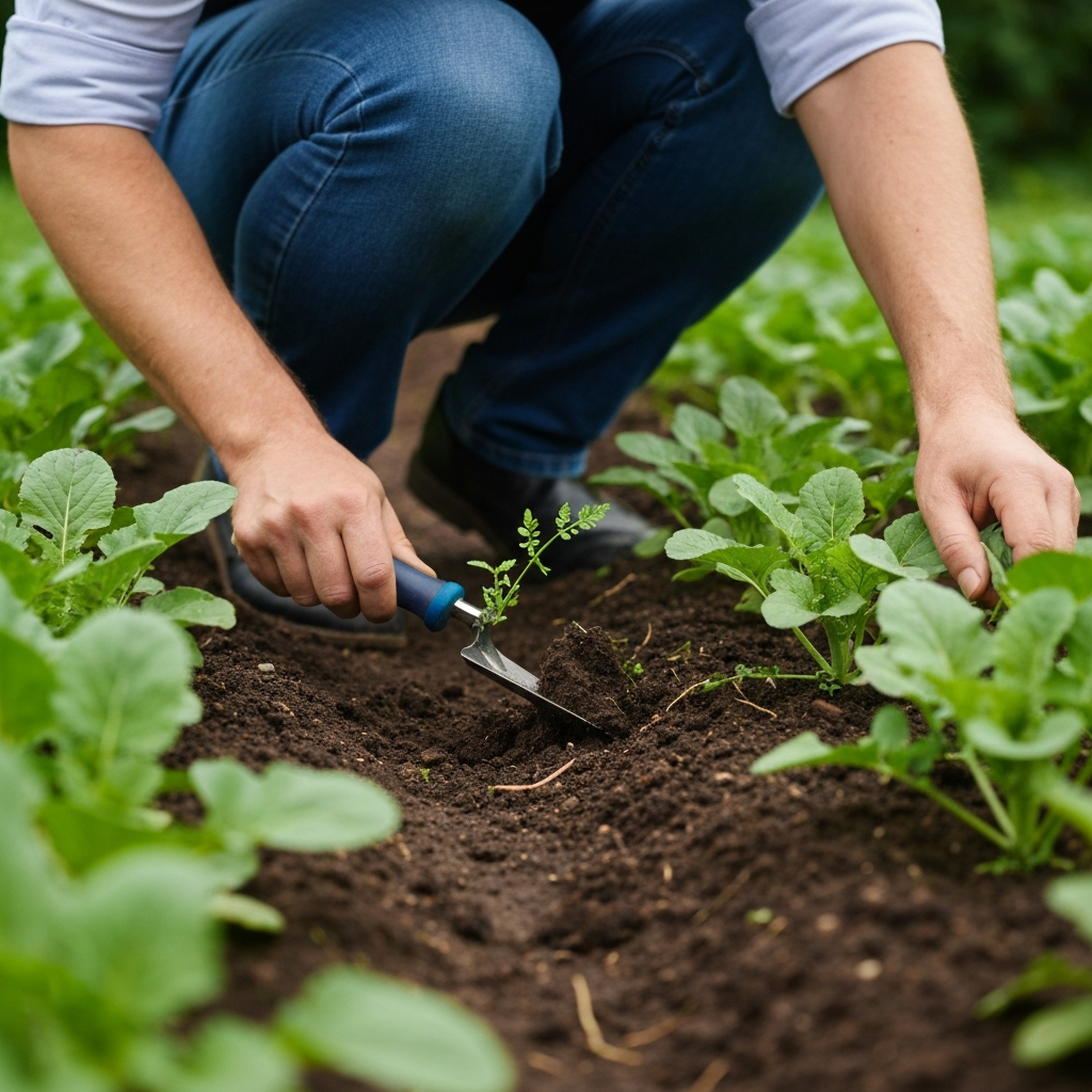A person kneeling in a garden bed, carefully pulling weeds from around a row of vegetable plants. The person is using a small hand tool to loosen the soil around the weeds.