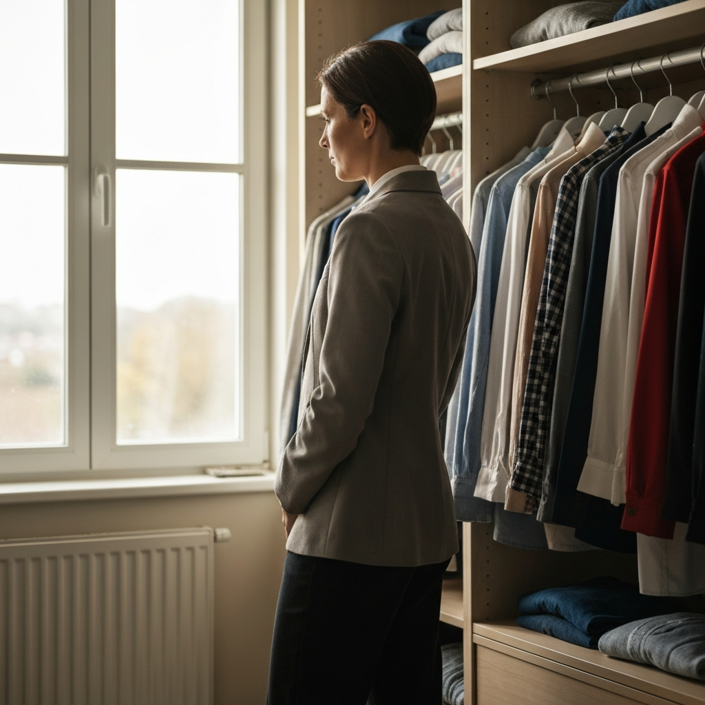 Open closet, well-organized with a variety of clothing. Natural light streams in from a nearby window, highlighting the textures of the fabrics. Soft bokeh in the background.