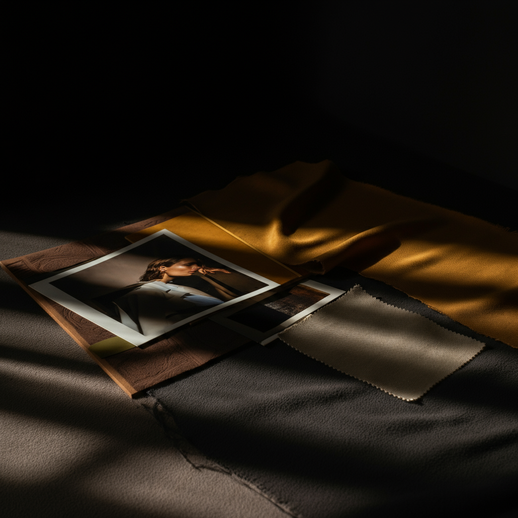 A mood board with photos of stylish individuals, fabric swatches, and color palettes. Golden hour lighting, creating warm shadows. Close-up on fabric textures.