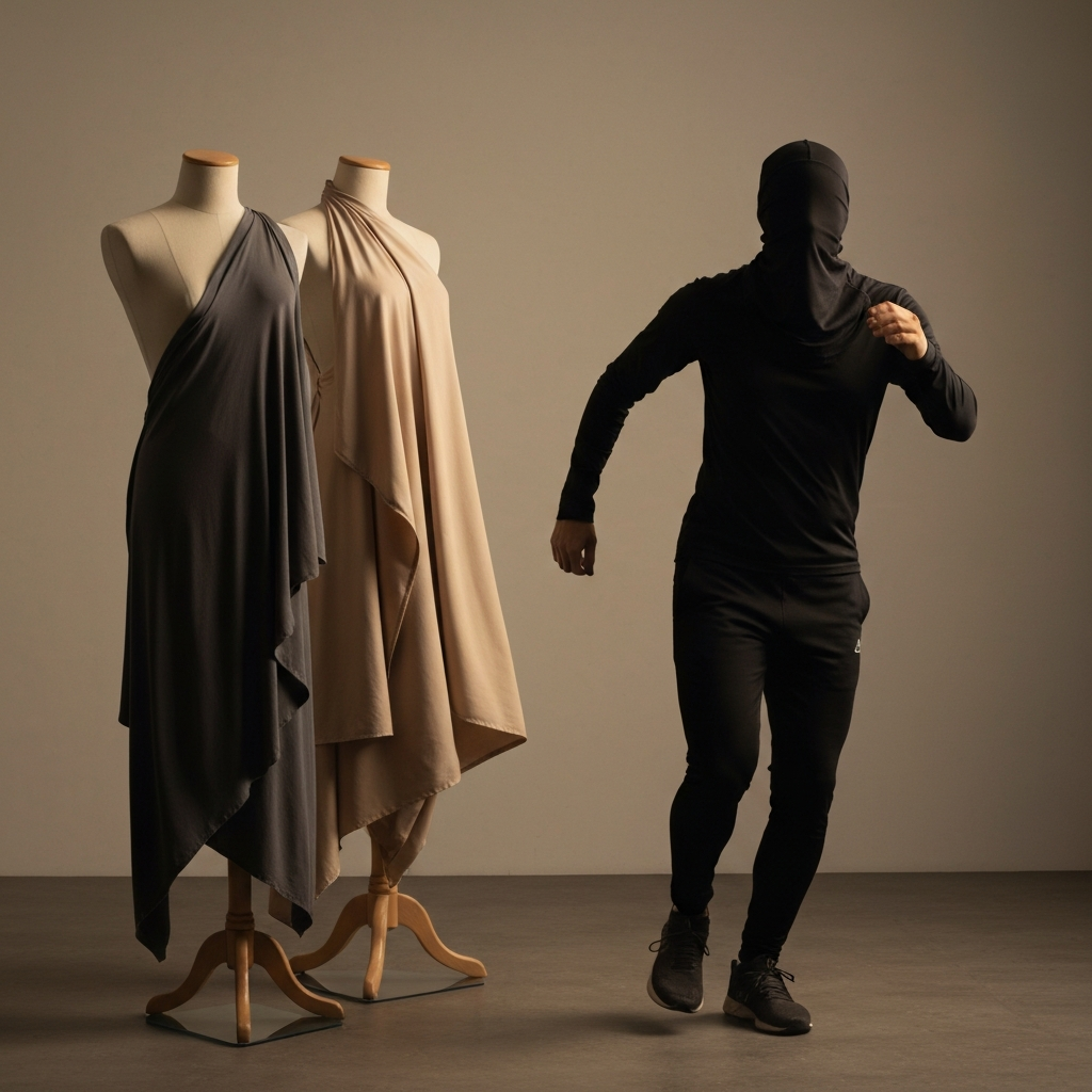 Mannequin draped with various fabrics, showcasing different silhouettes. Soft, diffused lighting to highlight the drape and flow of the materials.