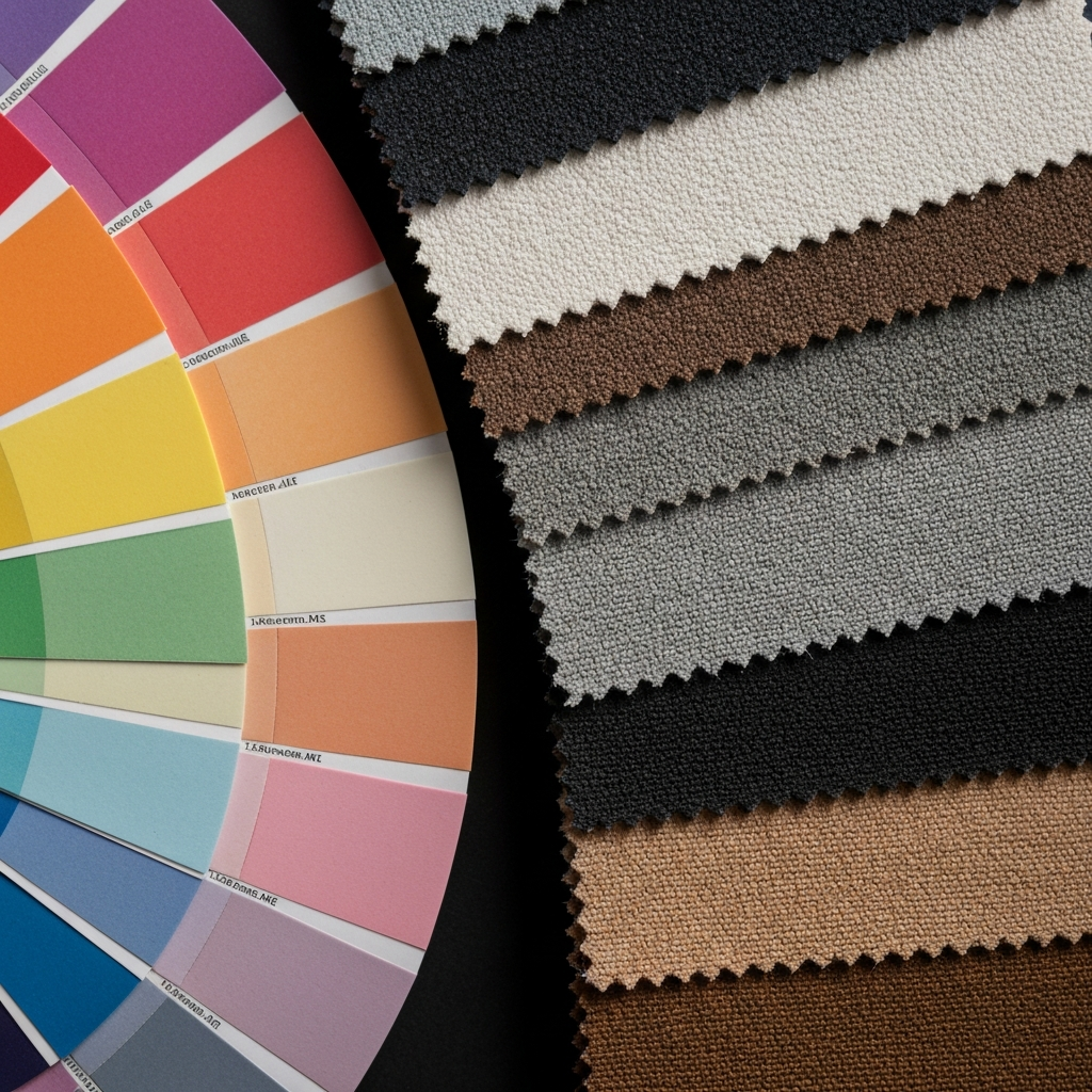 A close-up of a color wheel with fabric swatches arranged around it, demonstrating different color combinations. Side-lit textures, creating depth and contrast.