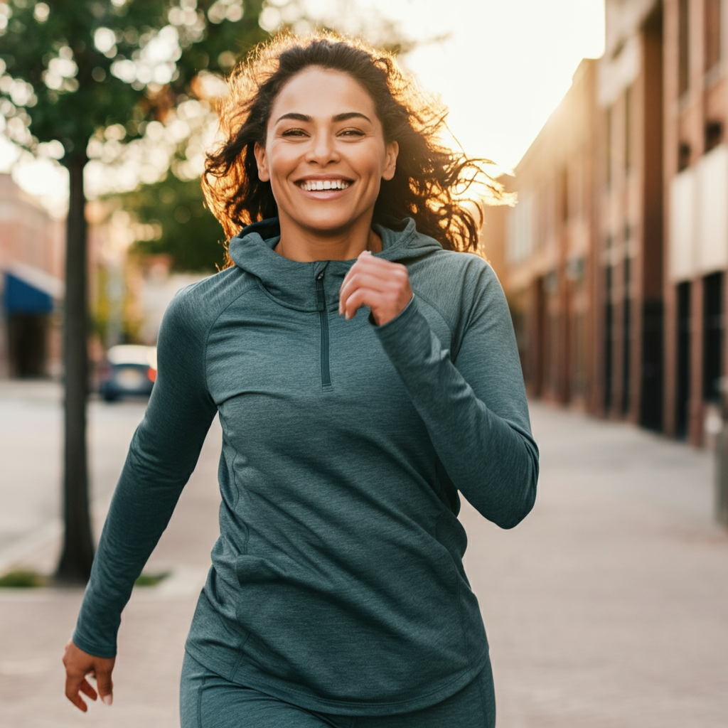 A woman smiling confidently while walking down a city street. Natural, candid lighting capturing her genuine joy and self-assurance.