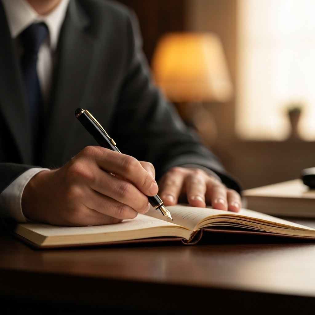 Close-up shot of a hand writing in a leather-bound journal with a fountain pen. The background is blurred, showing a cozy study with warm, golden hour lighting.