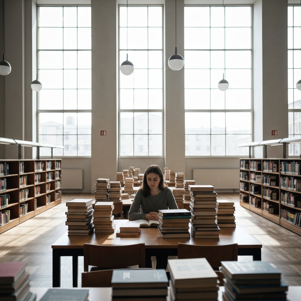 A wide shot of a university library reading room. Sunlight streams through the tall windows, illuminating dust motes in the air. A young woman sits at a table surrounded by stacks of books, her expression one of deep concentration.