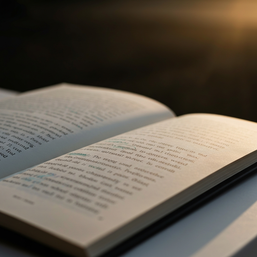 A close-up shot of an open book, showcasing highlighted passages and handwritten notes in the margins. The light is soft and diffused, emphasizing the texture of the paper.