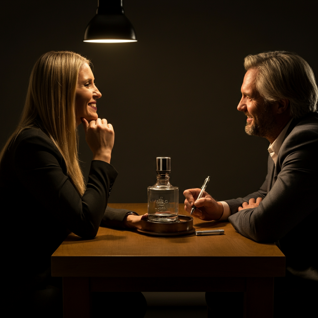A medium shot of a group of people sitting around a table, engaged in a lively discussion. Their faces are illuminated by the warm glow of a table lamp. The atmosphere is relaxed and informal.