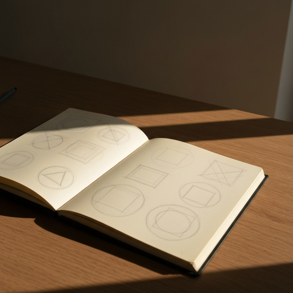A sketchbook lying open on a wooden table, filled with various overlapping circles, squares, and triangles drawn in pencil. The lighting is warm and directional, casting long shadows and highlighting the pencil strokes.