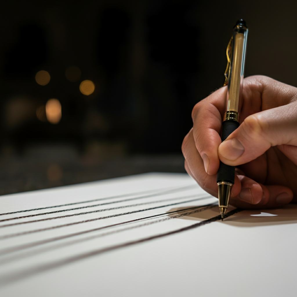 A hand holding a fine-tipped ink pen, drawing a series of lines with varying thickness and styles on white paper. The background is slightly blurred with a soft bokeh effect.