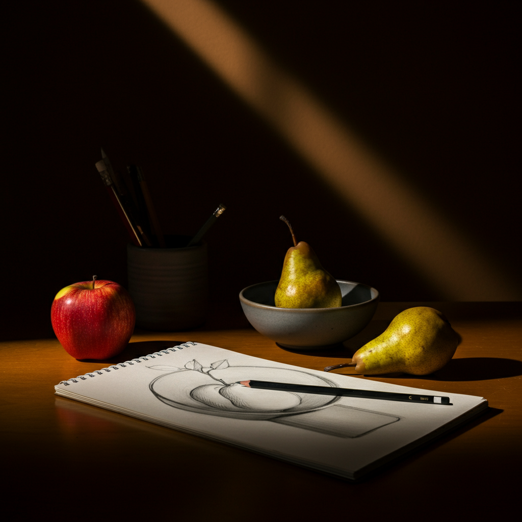 A still life arrangement on a table, consisting of an apple, a pear, and a simple ceramic bowl. A drawing of the arrangement is partially completed on a sketchpad, with a pencil lying nearby. Golden hour lighting streams in from a window, illuminating the scene.