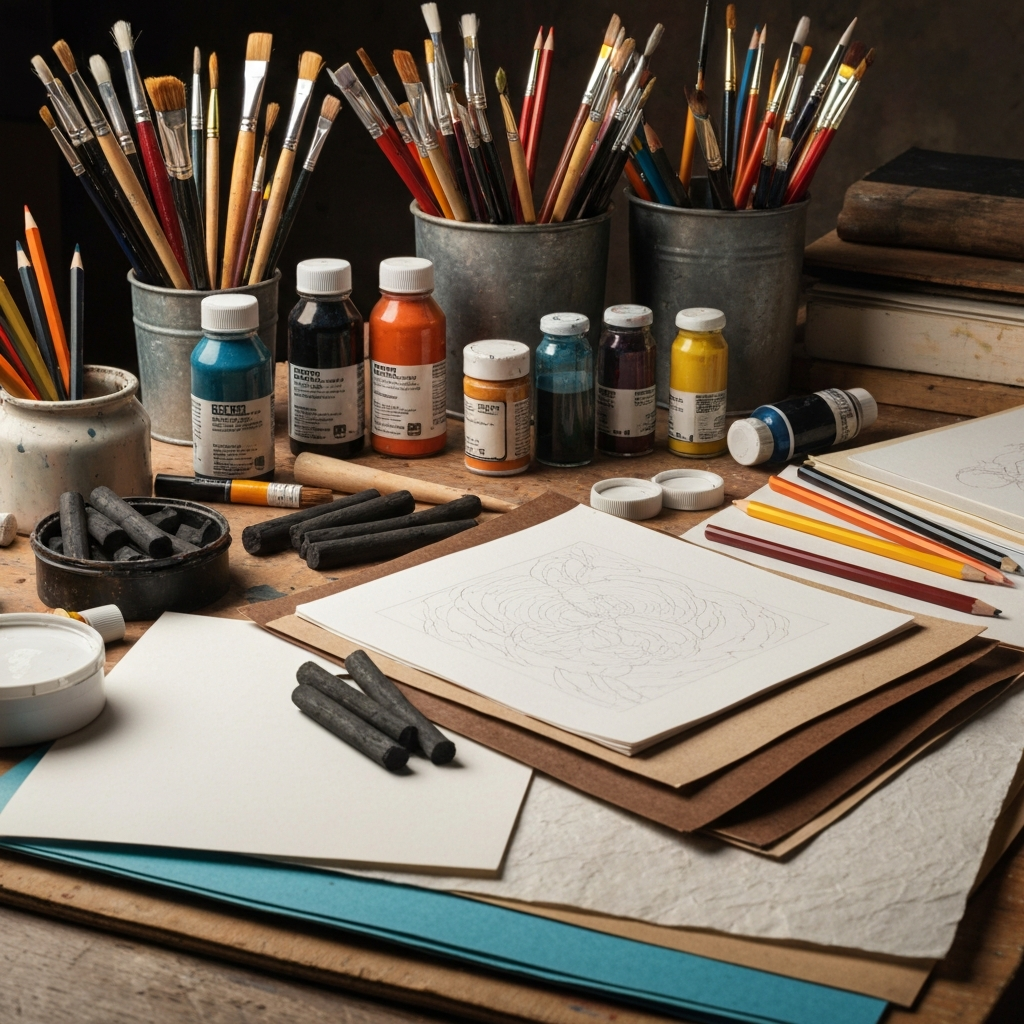 An artist's workbench cluttered with various art supplies: brushes, pencils, paints, charcoals, and different types of paper. The lighting is bright and even, showcasing the diverse textures and colors of the materials.