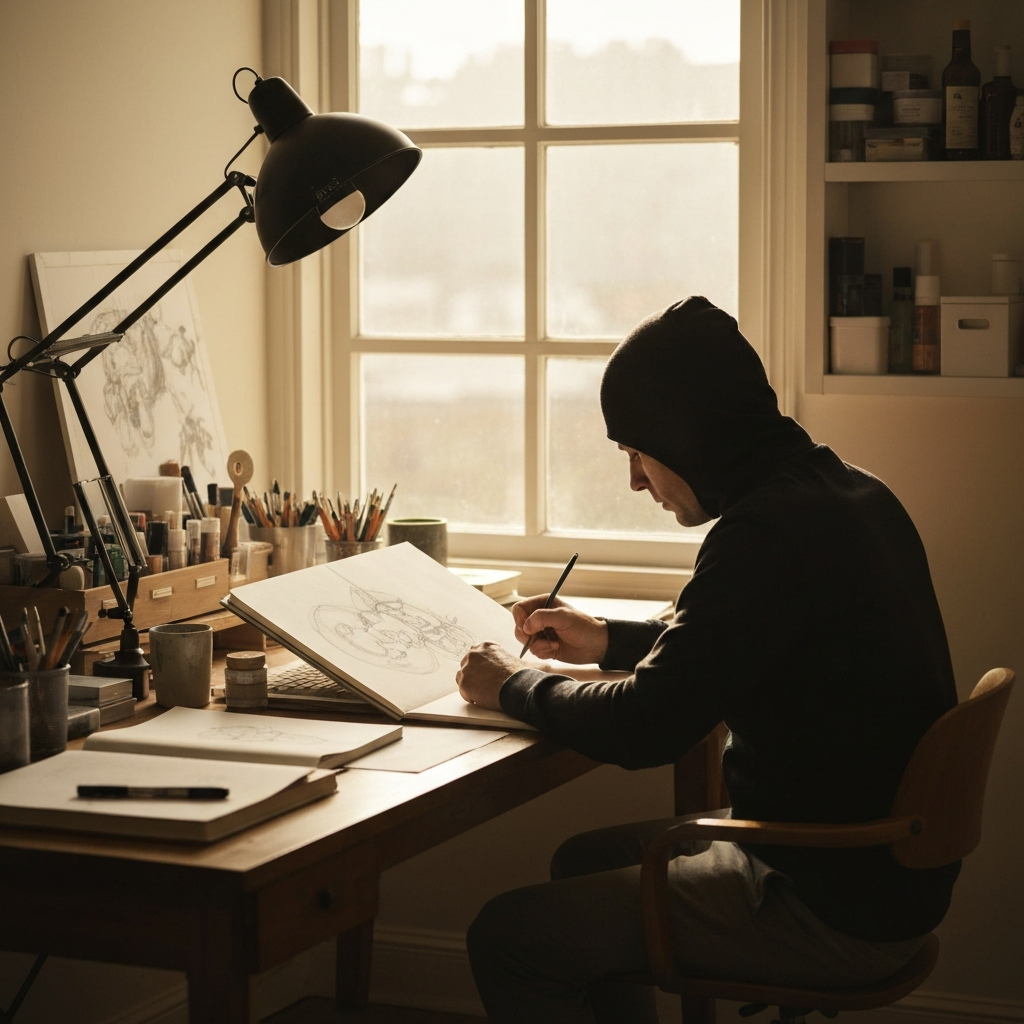 An artist sitting at a desk in a sunlit room, focused on a drawing in their sketchbook. The room is tidy and organized, with art supplies neatly arranged on the desk. Soft, natural light fills the room.