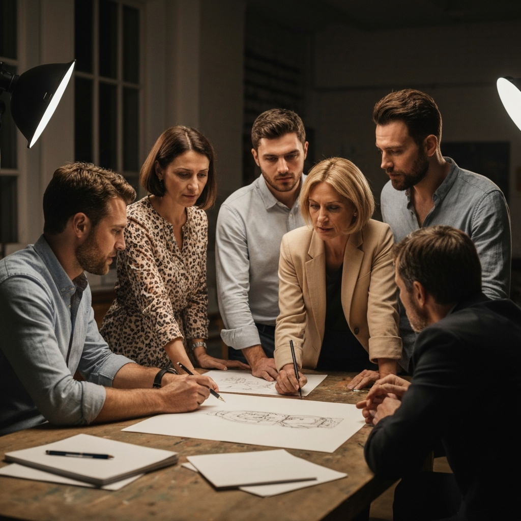 A small group of people gathered around a table in an art studio, looking at and discussing a drawing. The atmosphere is collaborative and supportive. The lighting is warm and inviting.